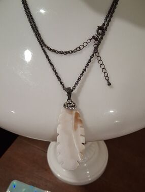 White Feather Pendant Necklace with Gunmetal Chain and Crystal Accent